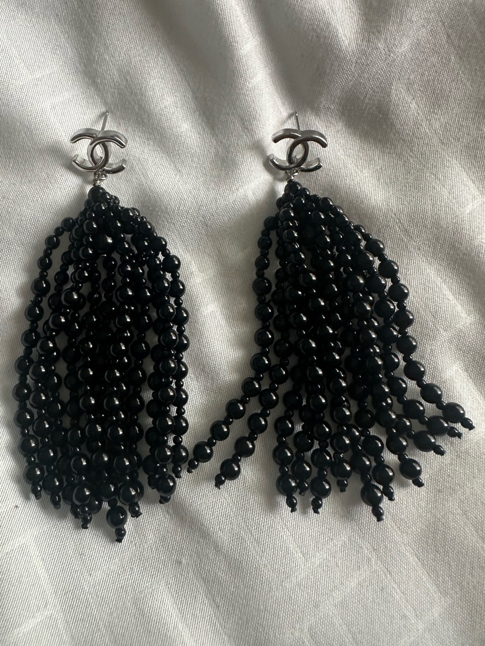 ✨CHANEL Black Beaded Tassel Logo Drop Earrings